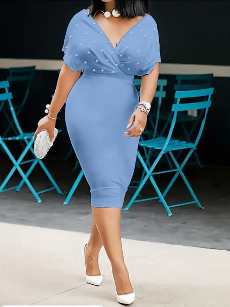 Moda vestido de festa para wonen sexy decote em v pacote hip vestidos elegantes 2025 srping verão senhora cor sólida magro escritório midi vestido
