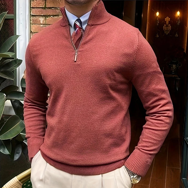 Suéter Masculino de Primavera e Outono com Zíper de Um Quarto, Ajuste Slim, Estilo Polo para Negócios, Gola Alta, Pulôver de Tricô