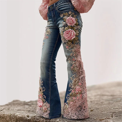 Novas Calças Jeans Flare Femininas com Estampa Digital 3D, Cintura Alta, Ajuste Slim, Denim Elástico, Estilo Casual e Moderno para Uso Diário