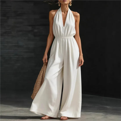 Macacão Feminino Halter Neck: Novo Macacão Casual Solto de Verão Francês com Decote V Sexy e Cor Sólida
