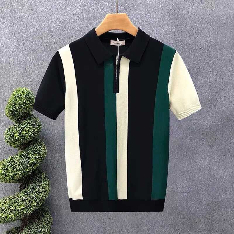 Meia zip estilo ocidental seda gelo fino suéter de manga curta para homens verão legal malha camiseta para homens camisa polo de alta qualidade