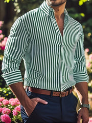 Camisa masculina casual regular listrada manga comprida cor sólida poliéster botão lapela, 6 cores, tecido, tecido não elástico