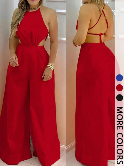 Macacão feminino de uma peça com decote halter, costas nuas, recortes e pernas largas, elegante para madrinhas ou ocasiões especiais.