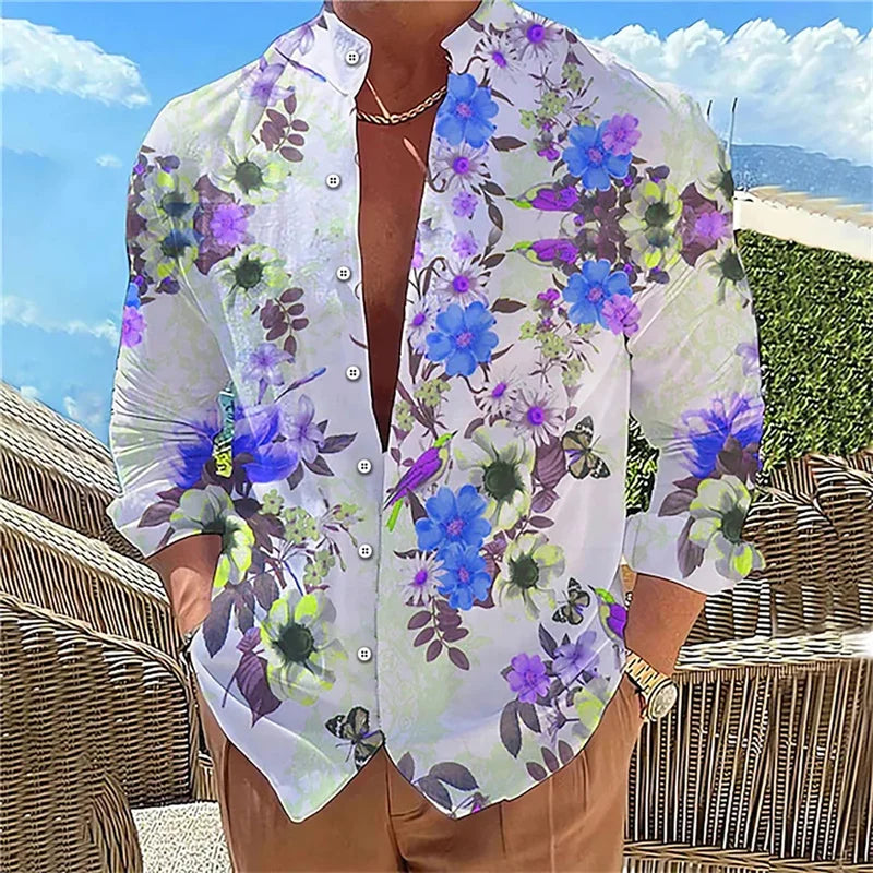 Camisa masculina de manga comprida Camisa impressa em 3D de alta qualidade, padrão floral, primavera e outono, tecido casual e elegante e confortável