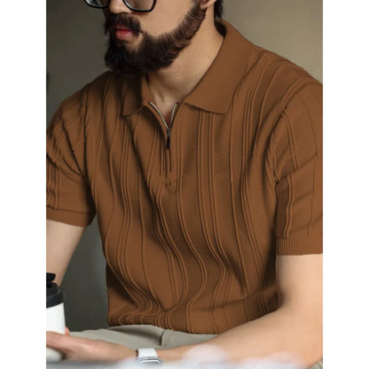 Camisa de Manga Curta Estilo Tricotado Fino de Alta Qualidade com Zíper Masculina Fashion Confortável Casual Solta Coreana que Combina com Tudo
