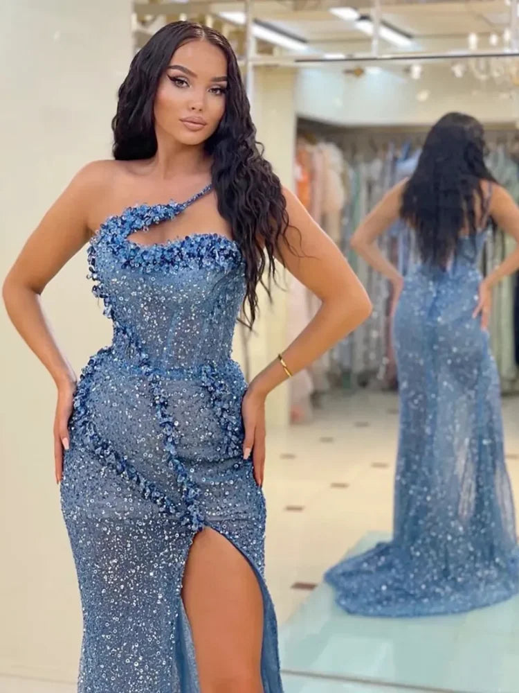 Único ombro lantejoulas sereia vestido de noite sem mangas sexy vestido de festa de baile alta fenda vestido longo feminino personalizado