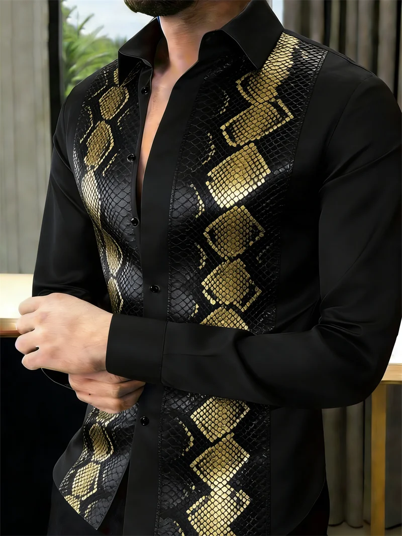 Nova Camisa Masculina Estampada em 3D com Escamas de Cobra, 10 Cores, Casual, de Manga Longa e com Botões