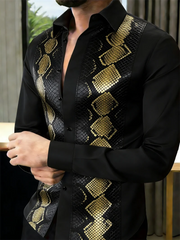 Nova Camisa Masculina Estampada em 3D com Escamas de Cobra, 10 Cores, Casual, de Manga Longa e com Botões
