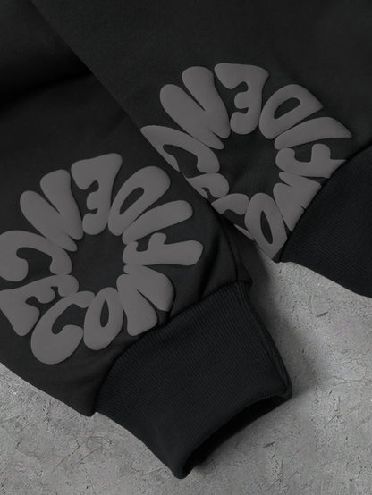 Moletom Masculino Streetwear com Estampa Floral 3D em Relevo e Letras, Poliéster Preto, Bolso Canguru, Tamanhos S-2XL, 1 Peça