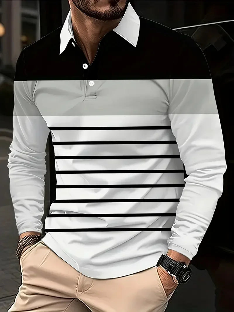 Classic minimalist striped long-sleeved men's polo shirt, fashionable autumn and winter men's casual golf oversized sportswear