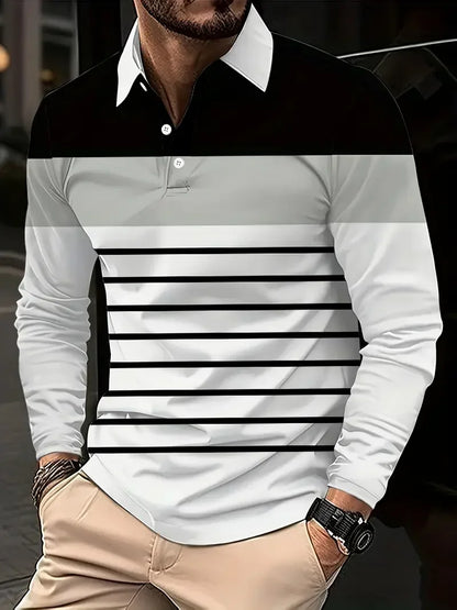 Classic minimalist striped long-sleeved men's polo shirt, fashionable autumn and winter men's casual golf oversized sportswear