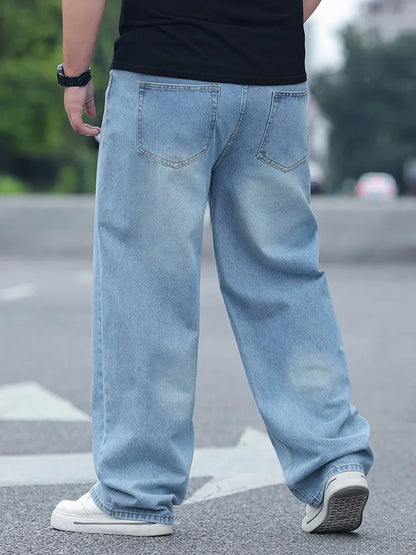 FENROOST Calça Jeans Masculina Plus Size de Cintura Alta Reta Solta Versátil para Todas as Estações Nova