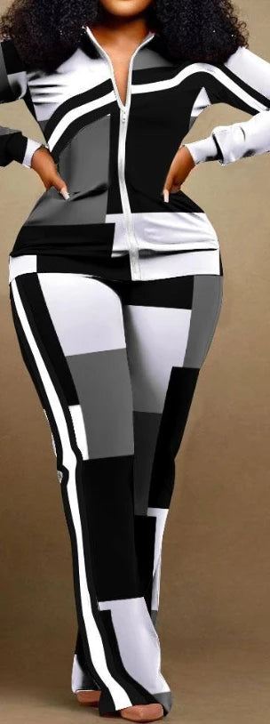 Conjunto de duas peças roupa feminina 2023 outono moda geométrica impressão gola manga longa zip up topo & casual calças esportivas conjunto