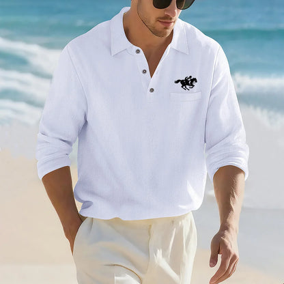 Camisa Masculina Casual de Linho e Algodão Leve com Lapela, Solta, Cor Sólida, Moda Primavera Outono, com Detalhe Decorativo na Gola