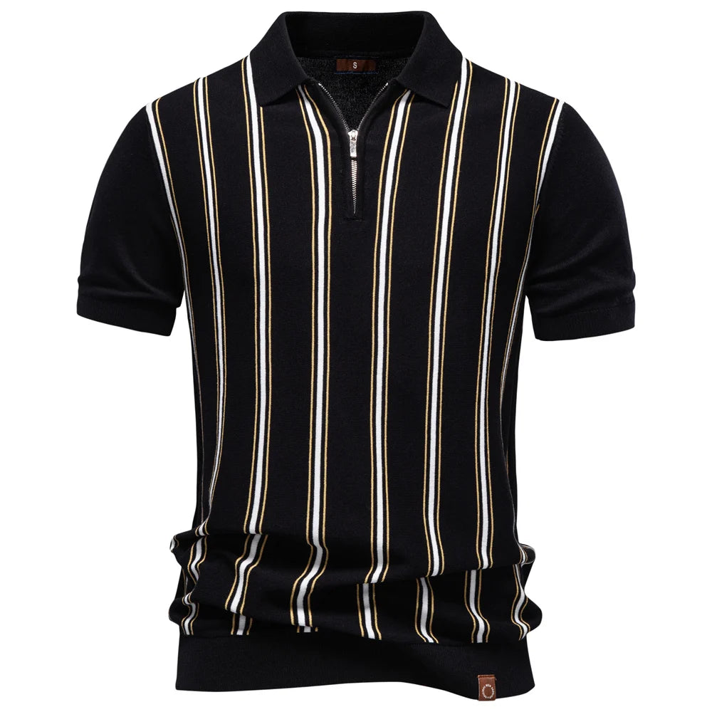 AIOPESON Men's Stripe Polo Shirt Old Money Style Short Sleeve Soft Breathable Casual Elegant Fabric for Comfortable Wear