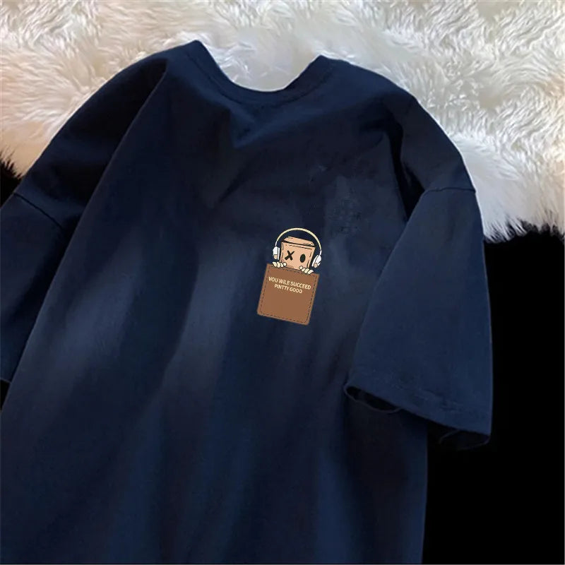Camiseta masculina de algodão com estampa simples, estilo vintage americano, modelagem ampla, manga curta, gola redonda, unissex.