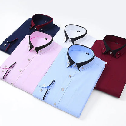 Camisa de negócios masculina manga longa botão para baixo camisa social anti-rugas escritório camisa masculina manga longa cor preta casual