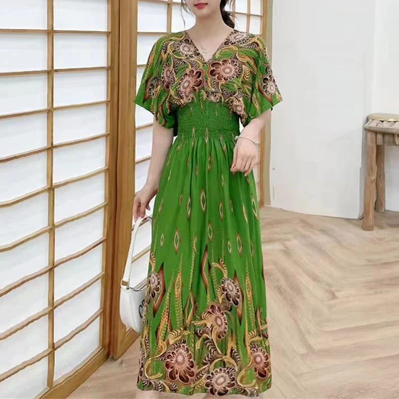 Flor colorida com decote em v elástico jovem boêmio doce midi vestido mulher roupas chique moda vestidos de verão 2025 grande balanço esqui