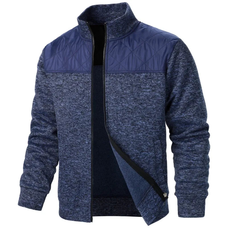 Jaqueta masculina patchwork com gola alta, corte slim, estilo cardigã, streetwear, esportiva, casual, com zíper, ideal para atividades ao ar livre.