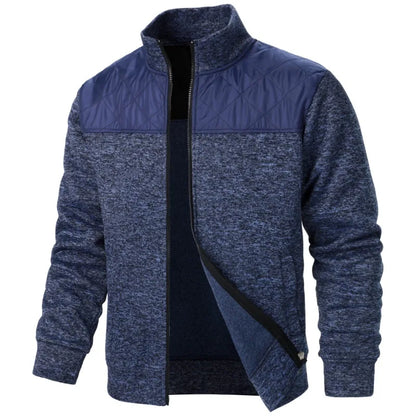 Jaqueta masculina patchwork com gola alta, corte slim, estilo cardigã, streetwear, esportiva, casual, com zíper, ideal para atividades ao ar livre.