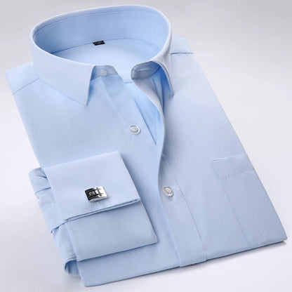 Camisa masculina com gola espalhada, punho francês, manga comprida, botões formais de negócios, camisas de casamento masculinas, ajuste regular, camisa com abotoaduras