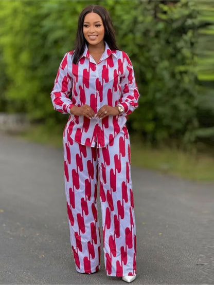 Conjunto de calças impressas feminino primavera outono casual botão camisas de manga comprida e calças retas de cintura alta 2 peça conjunto roupas casuais