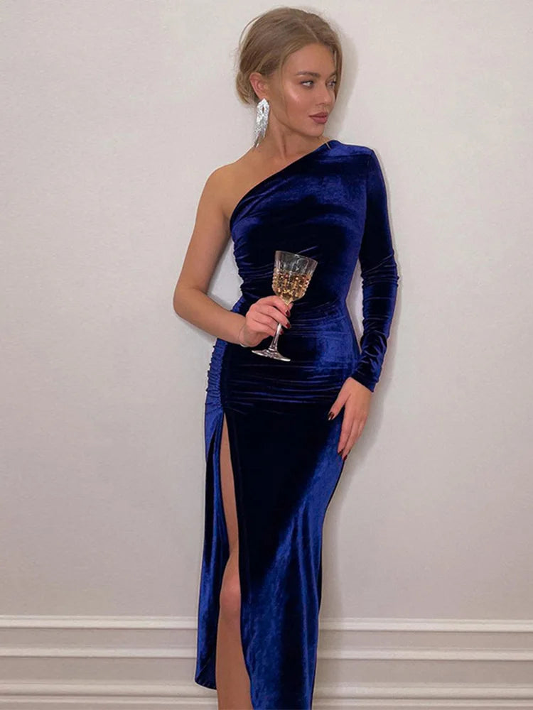 Feminino elegante manga longa festa noite veludo bodycon split lápis midi vestido primavera outono roupas