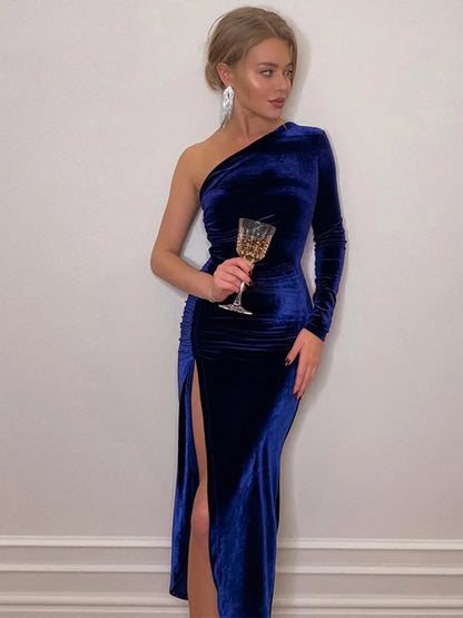 Feminino elegante manga longa festa noite veludo bodycon split lápis midi vestido primavera outono roupas