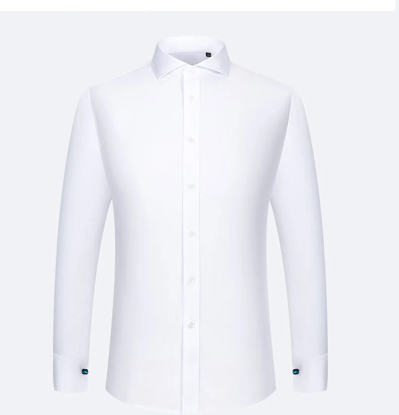 Nova Camisa Masculina de Algodão Puro 200S DP de Alta Qualidade, Não Amassa, Quatro Camadas, com Punho Francês, Gola Windsor e Gola Listrada Contrastante