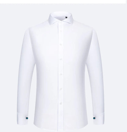 Nova Camisa Masculina de Algodão Puro 200S DP de Alta Qualidade, Não Amassa, Quatro Camadas, com Punho Francês, Gola Windsor e Gola Listrada Contrastante