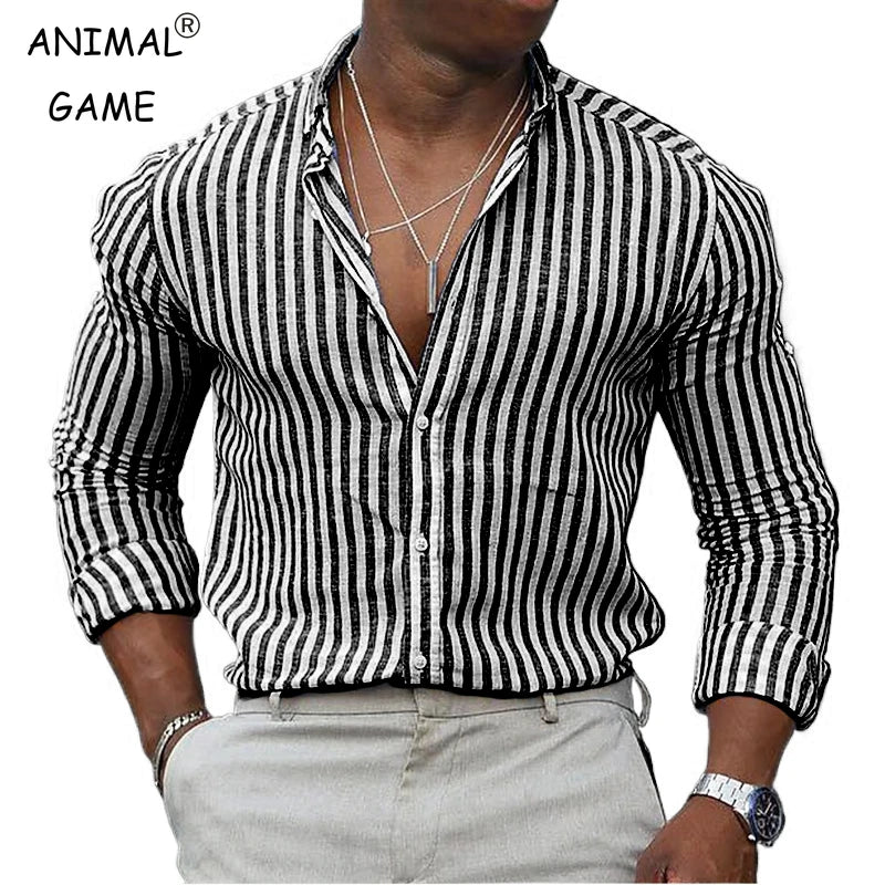 Nova camisa listrada masculina manga longa impressão respirável t camisas lapela camisas básicas para homem leve camisa havaiana streetwear