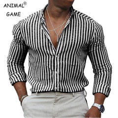 Nova camisa listrada masculina manga longa impressão respirável t camisas lapela camisas básicas para homem leve camisa havaiana streetwear