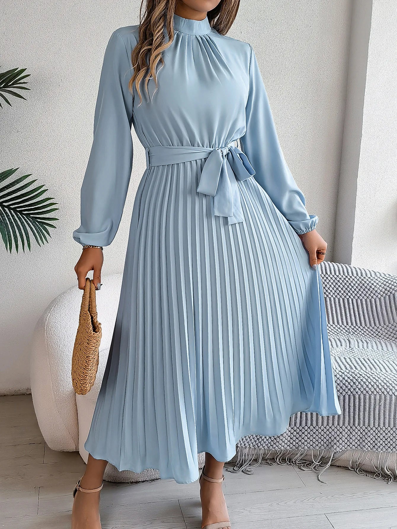 Solid Stand up Collar Bridesmaid Dress Spring Summer Casual Elegant Long Sleeve Waist Cinched Pleated Long Dresses for Women