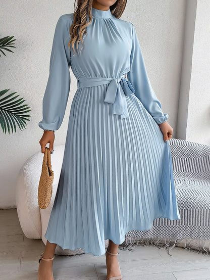 Solid Stand up Collar Bridesmaid Dress Spring Summer Casual Elegant Long Sleeve Waist Cinched Pleated Long Dresses for Women