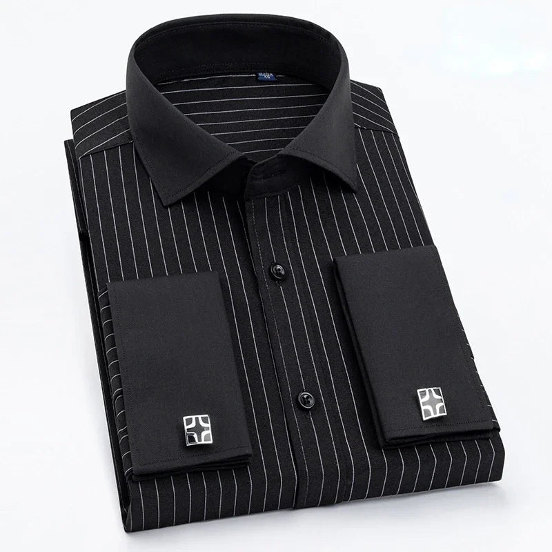 Qualidade masculina abotoaduras francesas camisa botão escondido camisa masculina manga longa casual fino ajuste manguito camisas de vestido (abotoaduras incluídas)