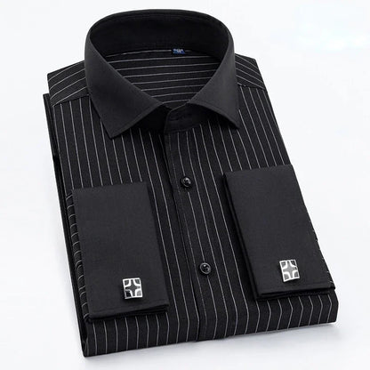 Qualidade masculina abotoaduras francesas camisa botão escondido camisa masculina manga longa casual fino ajuste manguito camisas de vestido (abotoaduras incluídas)