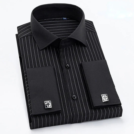 Qualidade masculina abotoaduras francesas camisa botão escondido camisa masculina manga longa casual fino ajuste manguito camisas de vestido (abotoaduras incluídas)