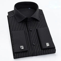 Qualidade masculina abotoaduras francesas camisa botão escondido camisa masculina manga longa casual fino ajuste manguito camisas de vestido (abotoaduras incluídas)