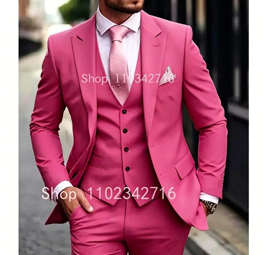 Pink Luxury Men Suits 2024 Terno Slim fit 3 Piece Jacket Pant With Vest Groom Wedding Tuxedo Costume Homme Formal Occasion Terno