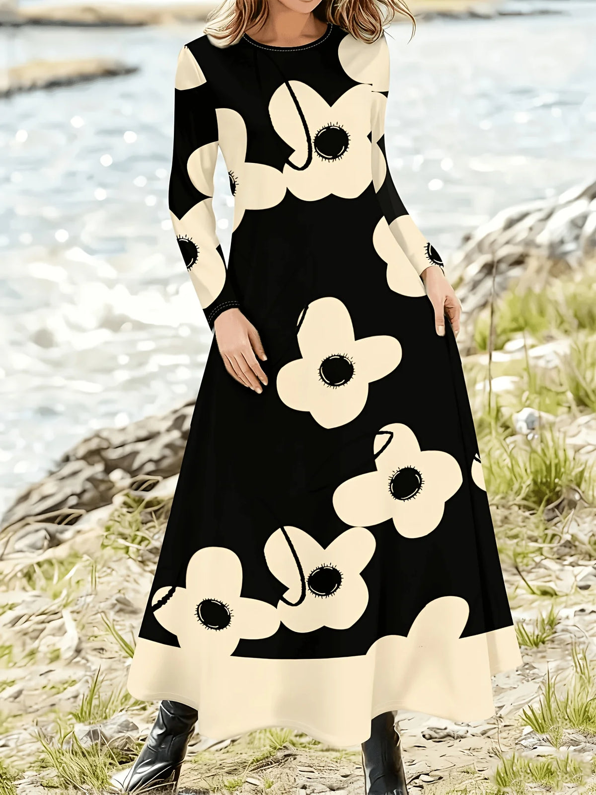 Vestido Maxi Feminino de Manga Longa com Estampa Floral Abstrata Grande