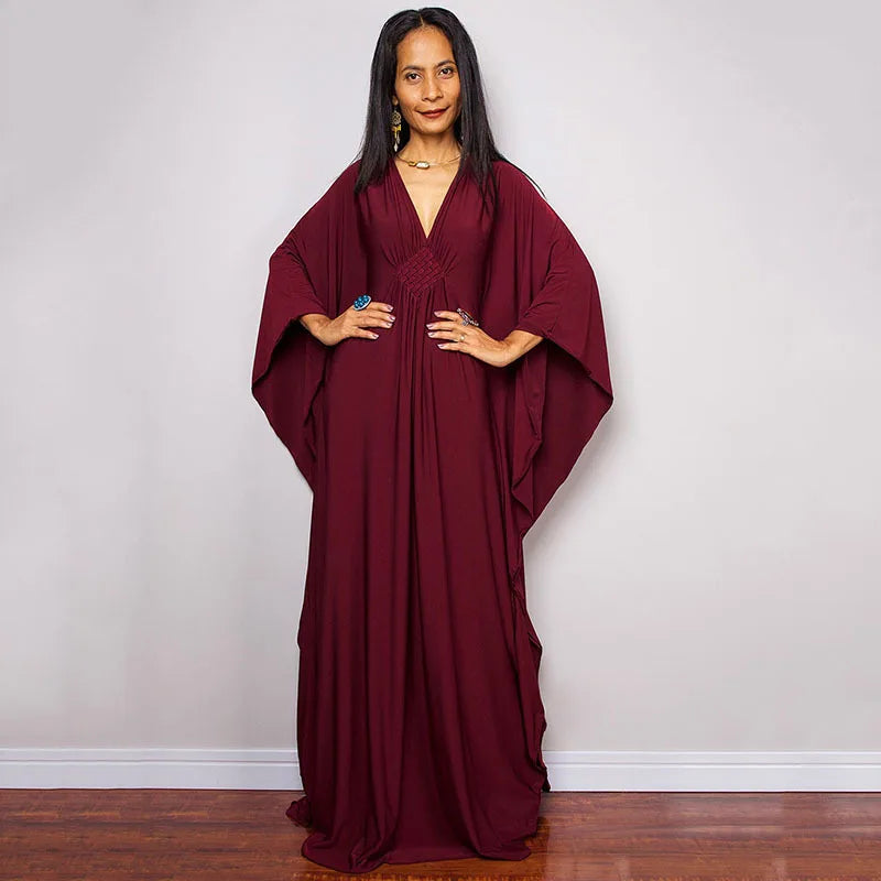 Vestidos Kaftan de Praia Plus Size para Mulheres, com Decote em V e Manga Morcego, em Cores Sólidas, Roupas de Lazer