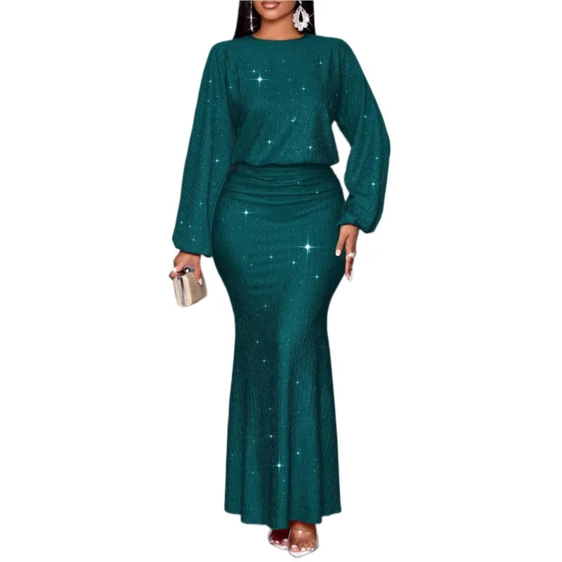 Novo Vestido Feminino da Moda com Miçangas, Manga Longa, Saia Sereia Plissada, Elegante e Justo para Festas de Outono