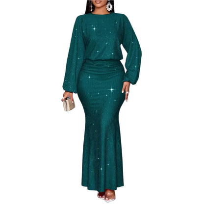 Novo Vestido Feminino da Moda com Miçangas, Manga Longa, Saia Sereia Plissada, Elegante e Justo para Festas de Outono