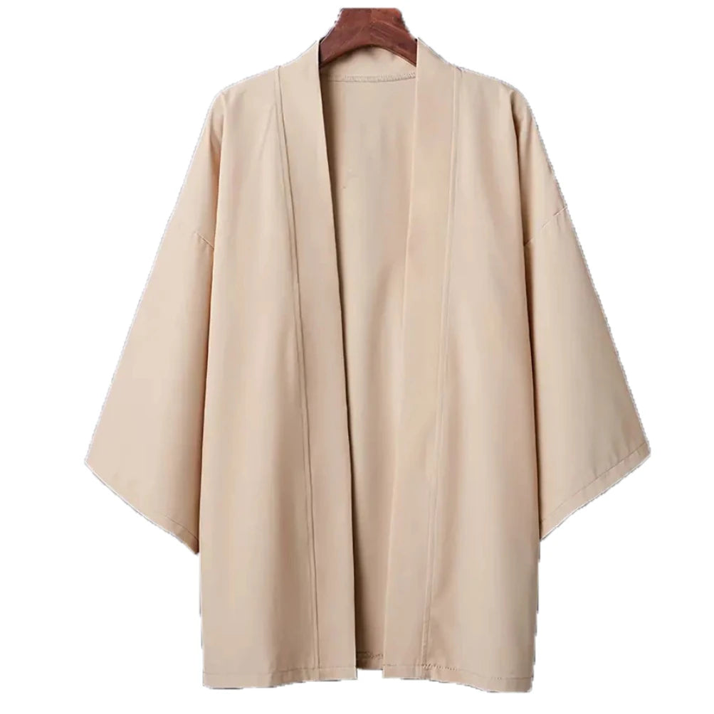 Camisas Kimono Japonesas Masculinas Casuais com Costura Aberta, Yukata Leve e Moderna, Cardigã Preto com Mangas 3/4, Ideal para Férias de Verão