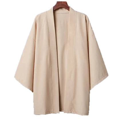 Camisas Kimono Japonesas Masculinas Casuais com Costura Aberta, Yukata Leve e Moderna, Cardigã Preto com Mangas 3/4, Ideal para Férias de Verão