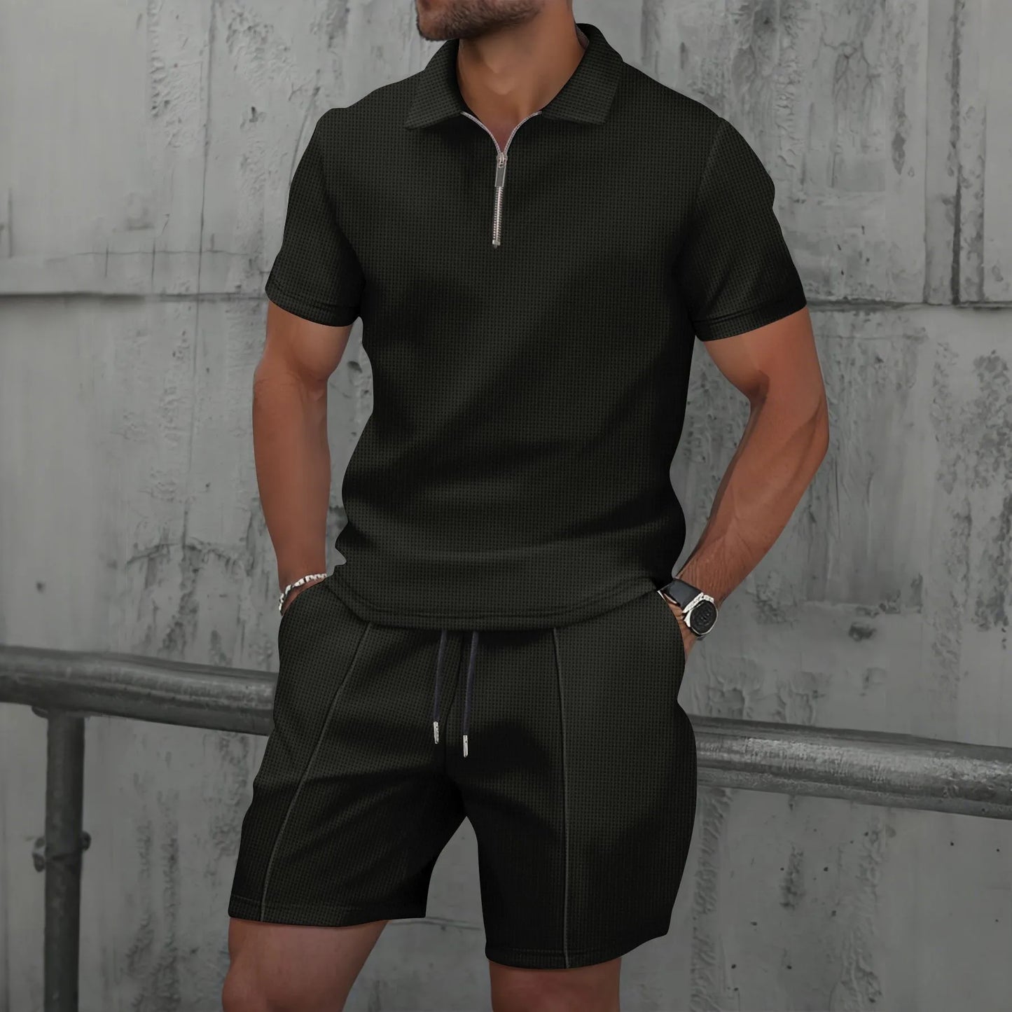 Verão masculino esportes polo terno de manga curta elegante zíper camisa polo e shorts conjunto masculino casual streetwear 2 peças lazer esportes conjunto