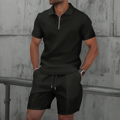 Verão masculino esportes polo terno de manga curta elegante zíper camisa polo e shorts conjunto masculino casual streetwear 2 peças lazer esportes conjunto