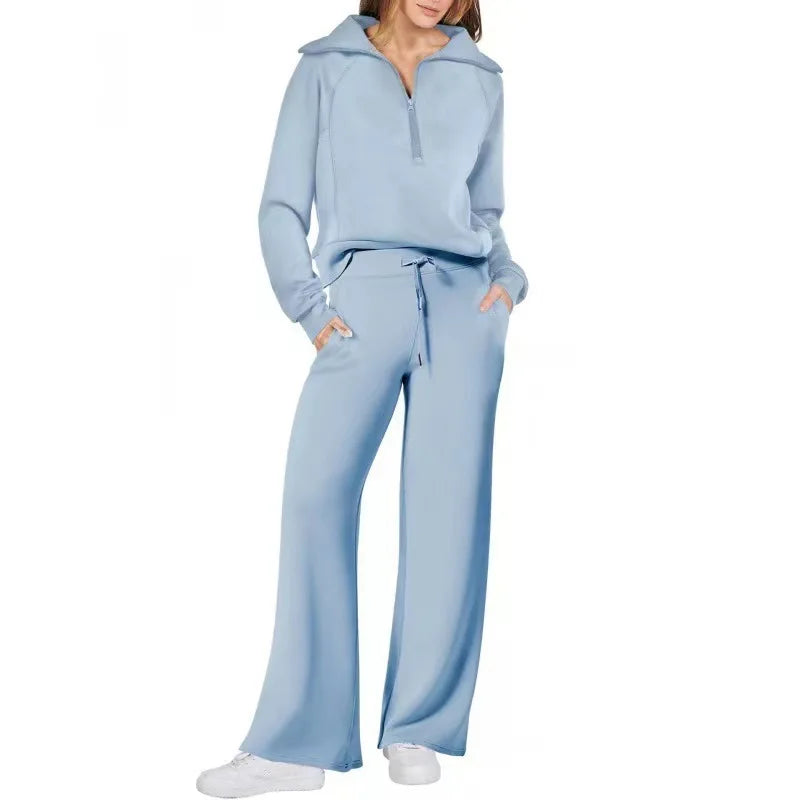 Conjunto de Moletom Feminino de 2 Peças: Blusão Forrado com Fleece Macio e Calça Fluida para Corrida ao Ar Livre e Viagens