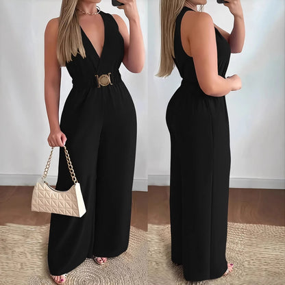 Macacões Femininos 2026: Macacão Sexy Sem Mangas com Decote V Profundo e Perna Larga, Moda Primavera/Verão - Roupa Feminina
