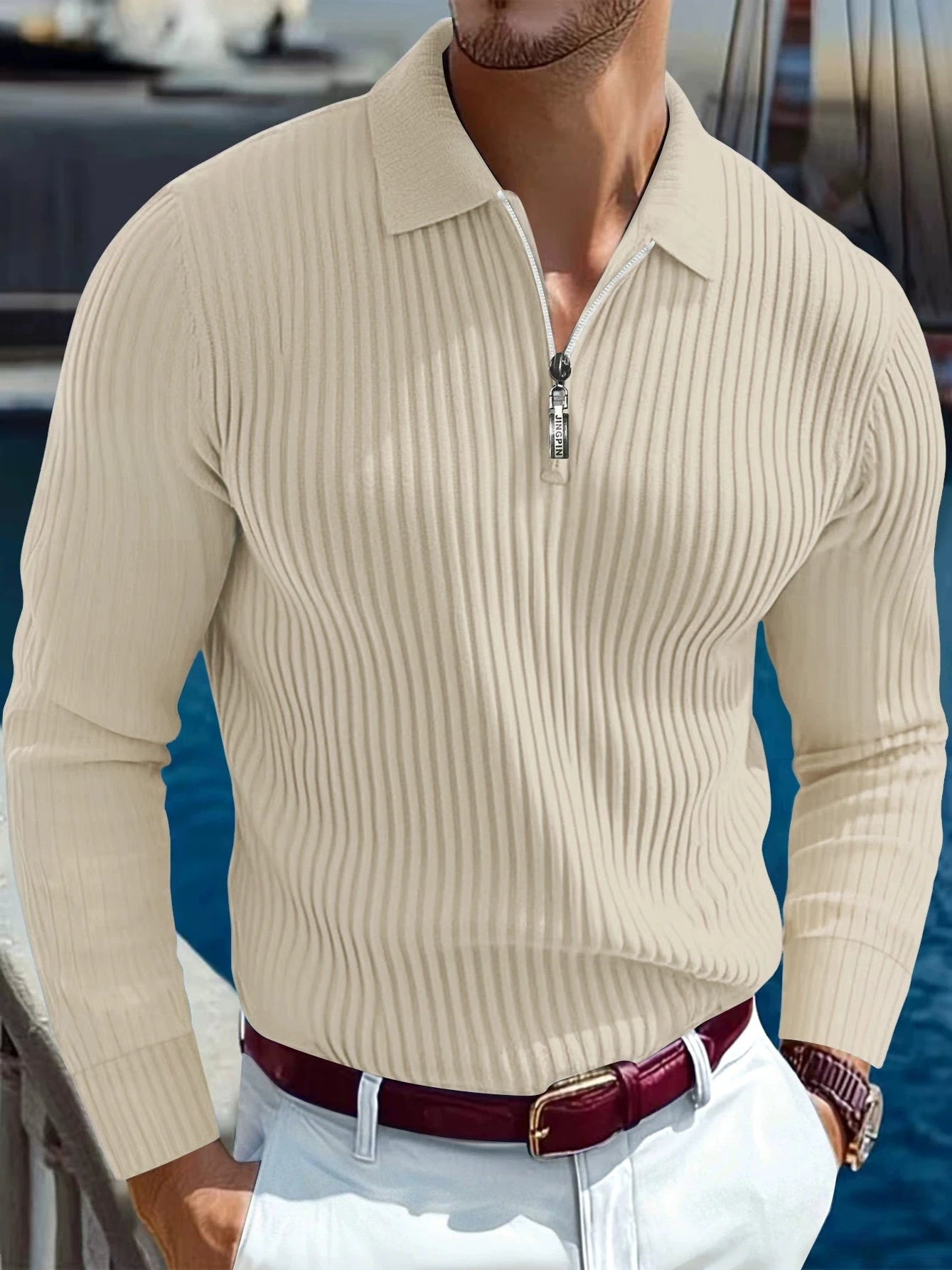 2025 primavera e outono novos homens cor sólida listrado botão gola de malha manga longa topo negócios casual respirável camisa polo